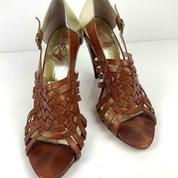 MISS SIXTY Leather Brown & Gold Sandal Cone Heels - Picture 4 of 13